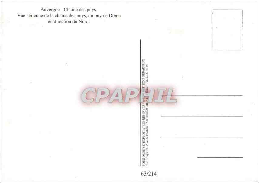 CPM Auvergne Chaine des puys Vue aerienne de la chaine des puys du Puy de Dome en direction du Nord — Rückseite