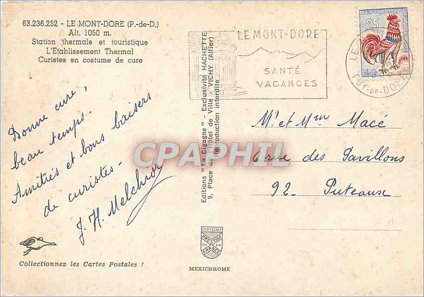 CPM Le Mont Dore (P de D) alt 1050 m Station thermale et touristique l'etablissement thermal Curiste — Verso