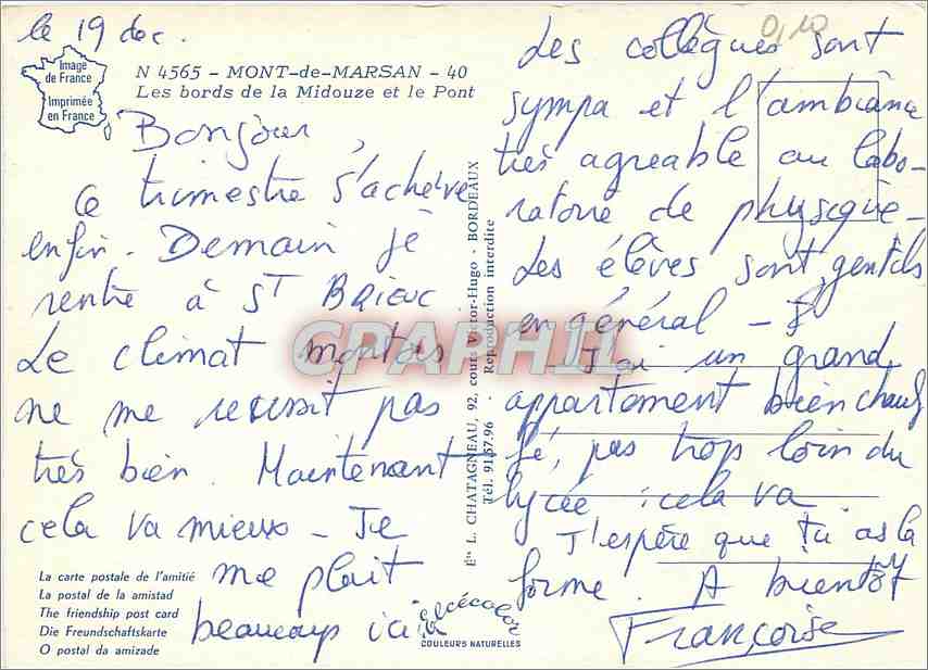 CPM Mont de Marsan Les bords de la Midouze et le Pont — Rückseite