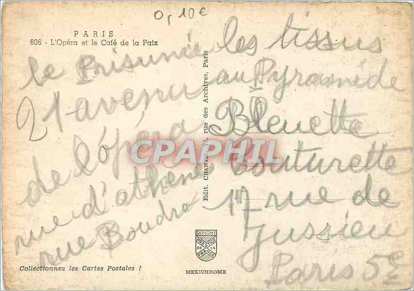 CPM Paris L'Opera et la Cafe de la Paix — Rückseite