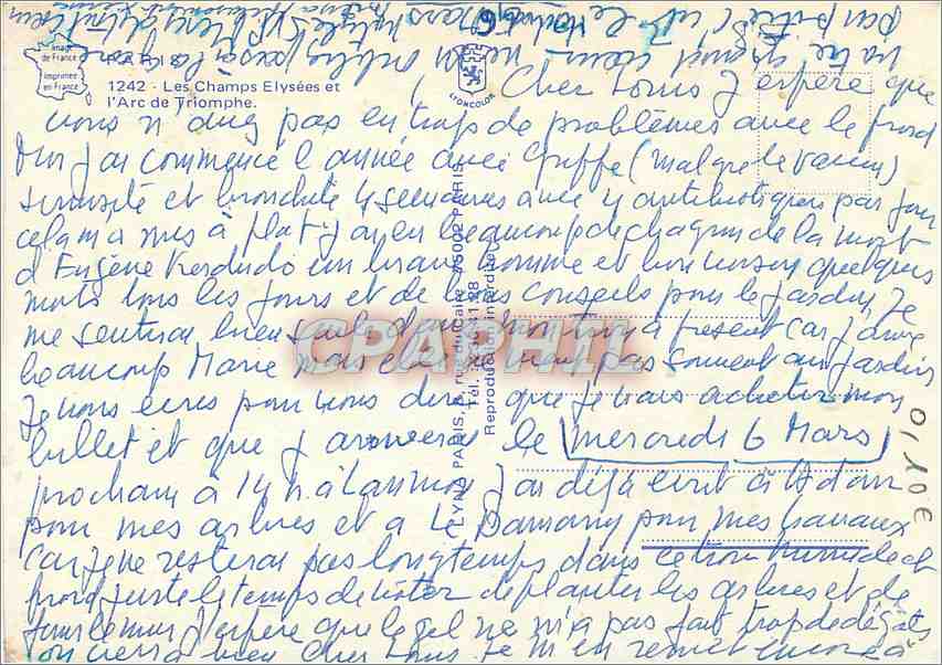 CPM Paris Les champs Elysees et l'Arc de Triomphe — Rückseite