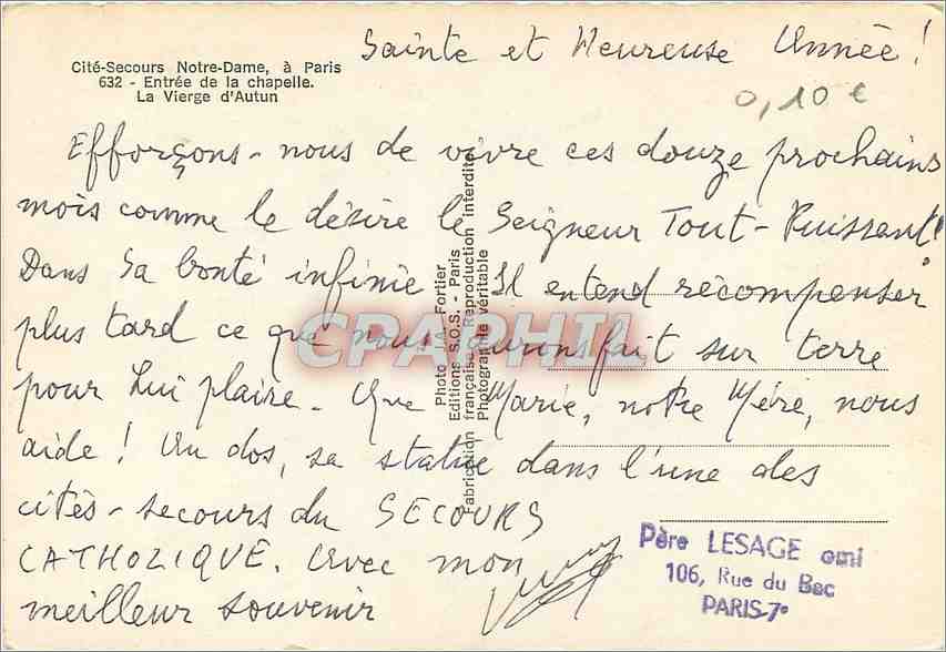 CPM Paris Cite Secours N D Entree de la chapelle la vierge d'Autun — Rückseite