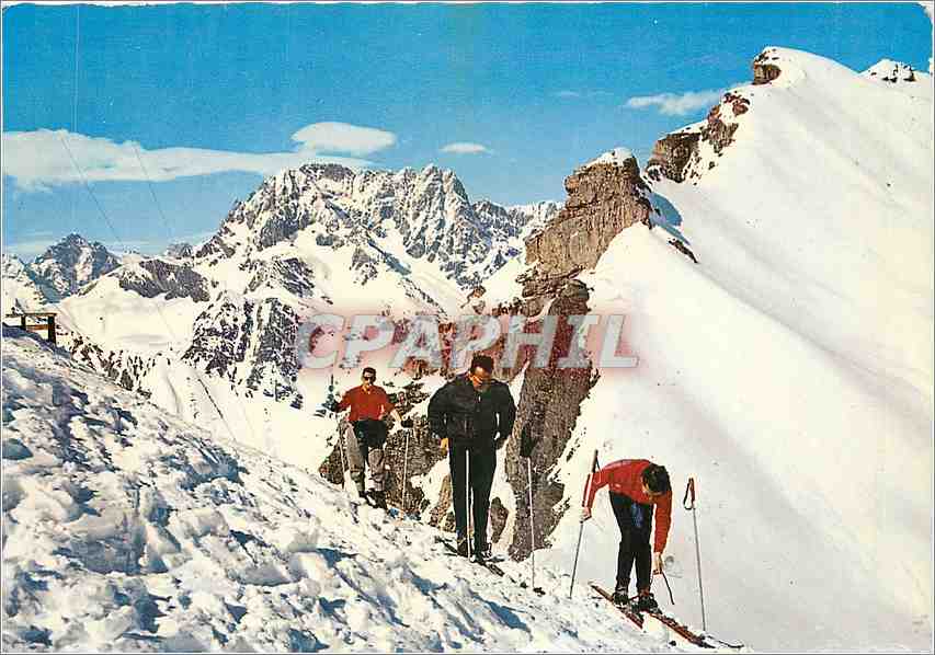 Skieurs en montagne — Sommet du Télécabine du Drouvet (2655 m) et les Roubies — Éditeur Cellaud, Bron (Rhône)