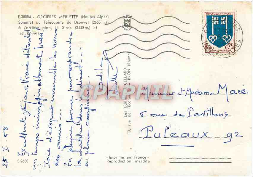 Skieurs en montagne — Sommet du Télécabine du Drouvet (2655 m) et les Roubies — Éditeur Cellaud, Bron (Rhône) — Verso