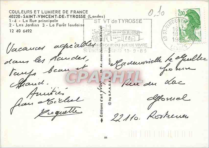 CPM Saint Vincent de Tyrosse (Landes) La rue principale les jardins la foret landaise — Rückseite