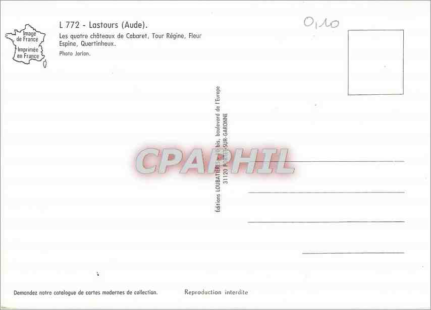 CPM Lastours (Aude) Les quatre chateaux de Cabaret tour Regine Fleur Espine Quertinheux — Rückseite