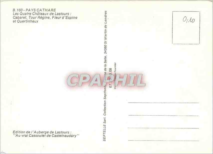 CPM Pays Cathare Les Quatre chateaux de Lastours Cabaret Tour Regine Fleur d'Espine et Queterinheux — Rückseite