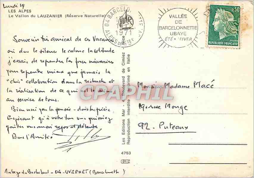 CPM Les Alpes Le Vallon du Lauzanier (Reserve Naturelle) — Rückseite
