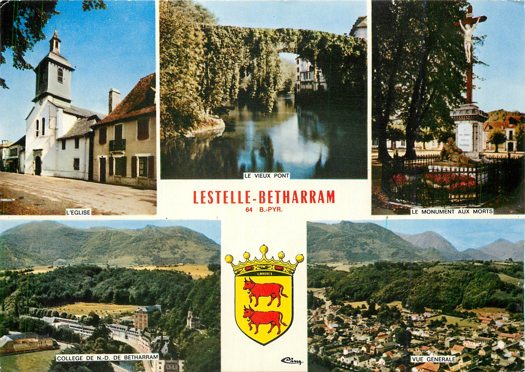 CPM Lestelle Betharram (Pyr Atl) L'Eglise Le vieux pont Le monument aux morts College de ND de Betha
