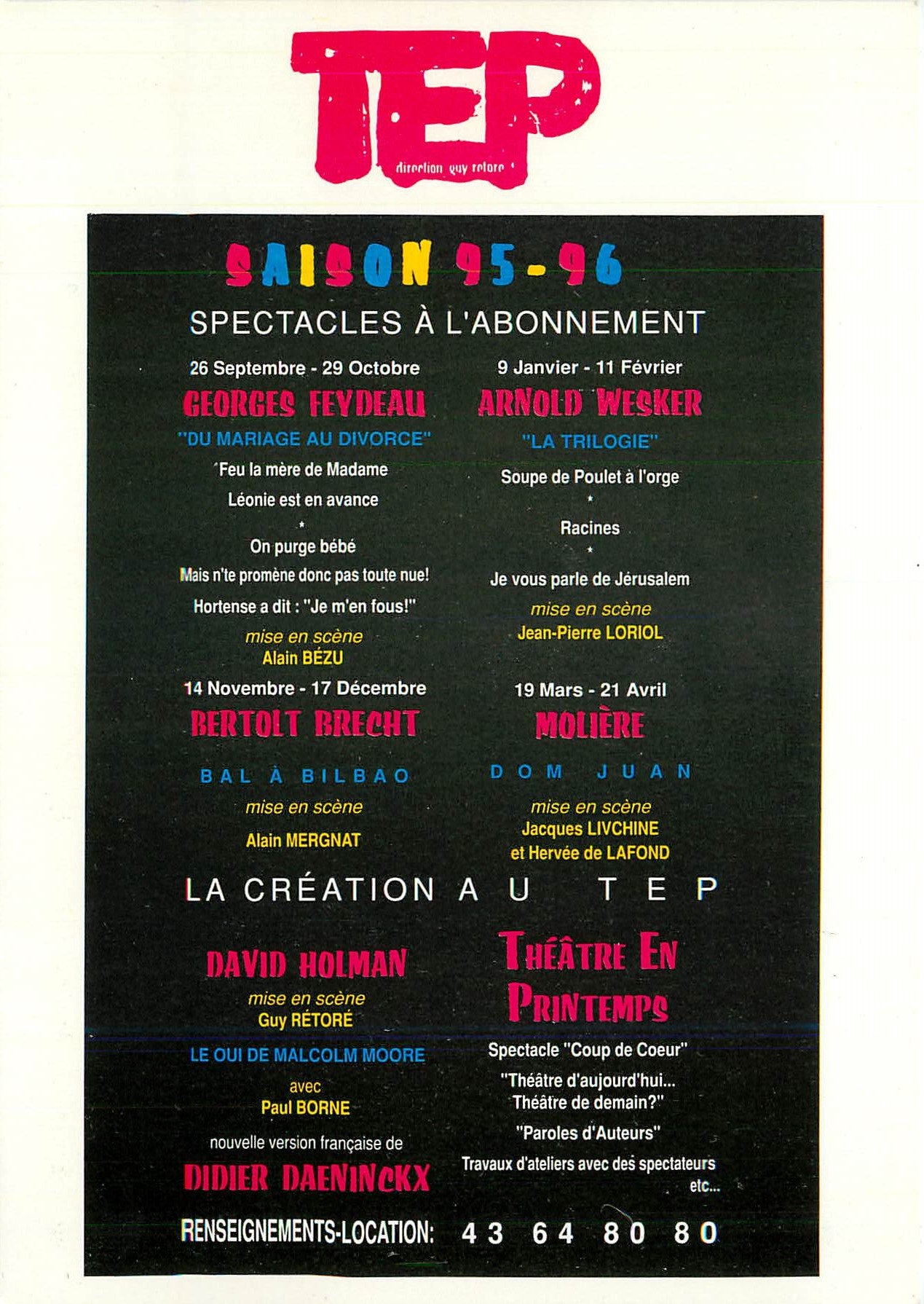CPM Spectacles a l'Abonnement Saison 95 96 TEP Theatre de l'Est Parisien Avenue Gambetta Paris