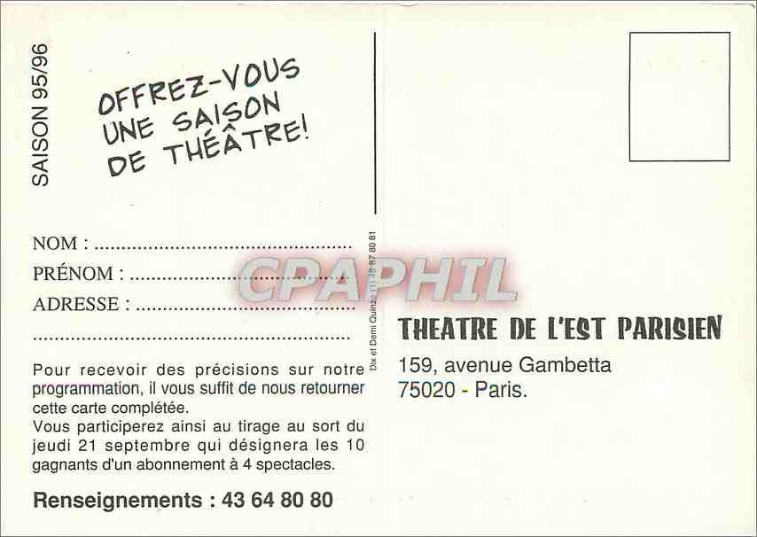 CPM Spectacles a l'Abonnement Saison 95 96 TEP Theatre de l'Est Parisien Avenue Gambetta Paris — Verso