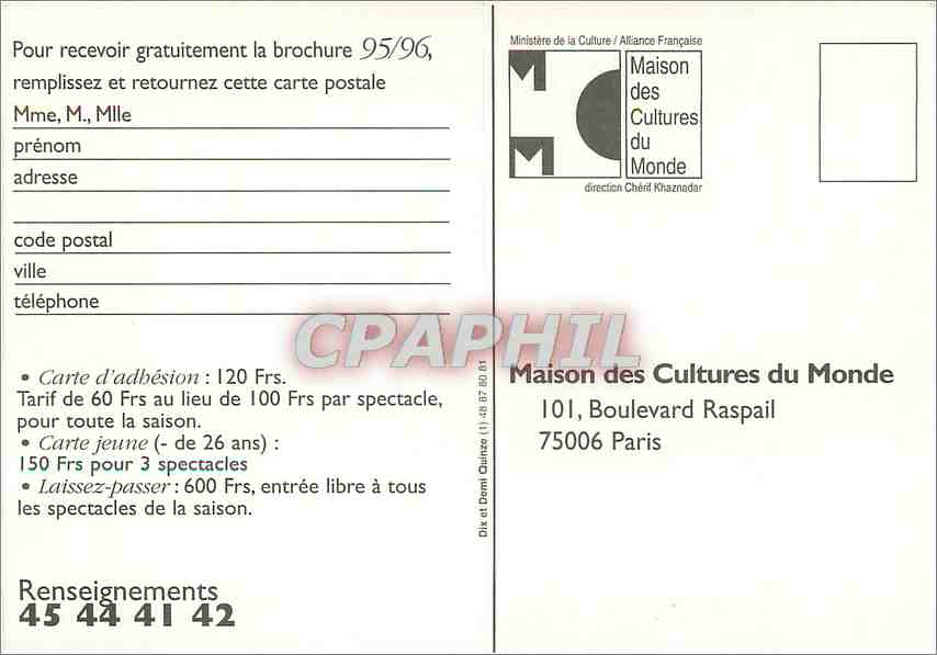 CPM Renseignements maisons cultures du Monde Boulevard Raspail Paris — Rückseite