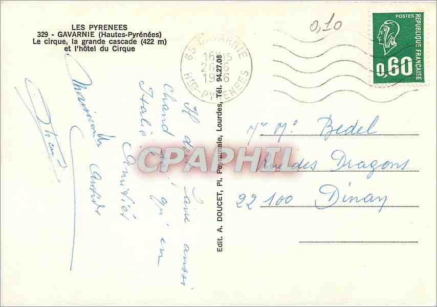 CPM Les Pyrenees Gavarnie (Hautes Pyrenees) Le cirque la grande cascade (422 m) et l'Hotel du Cirque — Rückseite