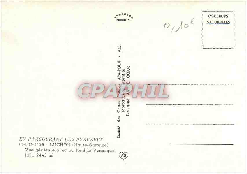 Luchon — vue générale avec le Vénasque en arrière-plan — Société des Cartes Postales APA-POUX — Verso