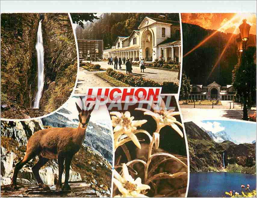 CPM Luchon (Haute Garonne) la cascade du Lys l'etablissement thermal l'isard edeweiss le lac d'Oo (1