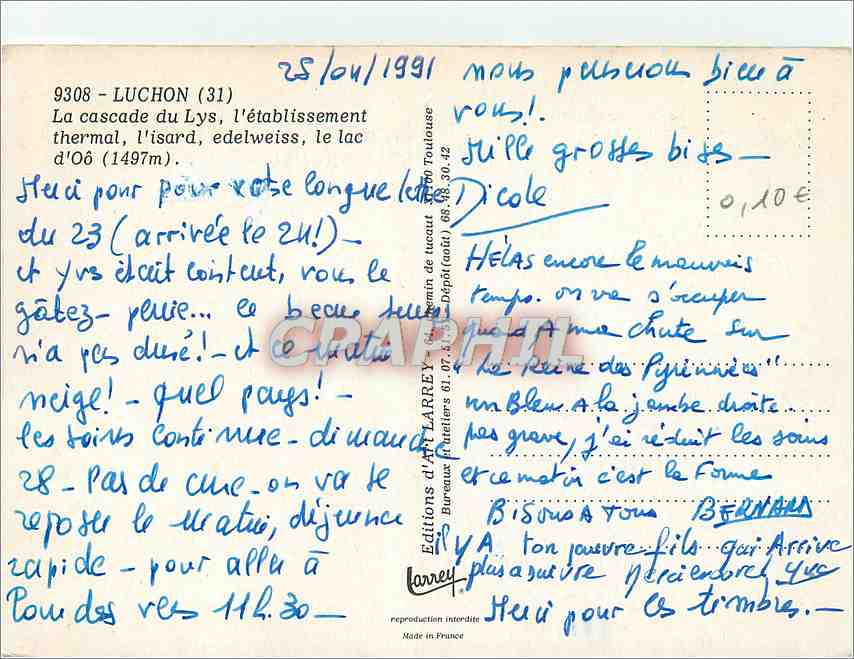 CPM Luchon (Haute Garonne) la cascade du Lys l'etablissement thermal l'isard edeweiss le lac d'Oo (1 — Verso