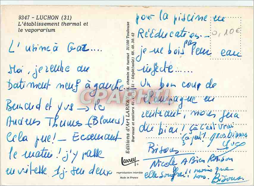 CPM Luchon (Haute Garonne) l'etablissement thermal et le Vaporuim — Rückseite