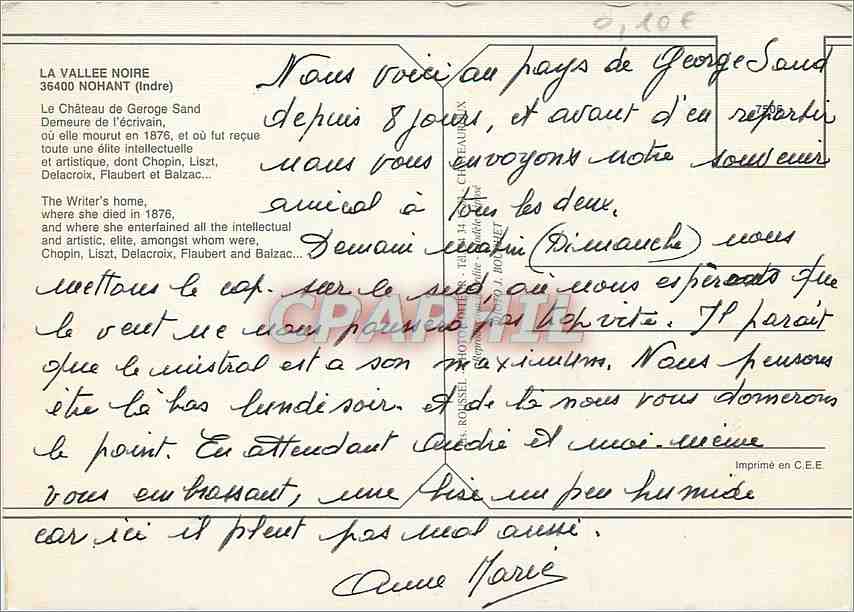 CPM La Vallee Noire Nohant (Indre) Le chateau de Geroge Sand — Rückseite