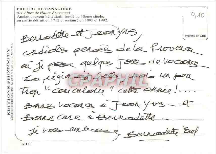 CPM Prieure de Ganagobie (Alpes de Haute Provence) Ancien couvent benedictin fonde au 10e s — Rückseite