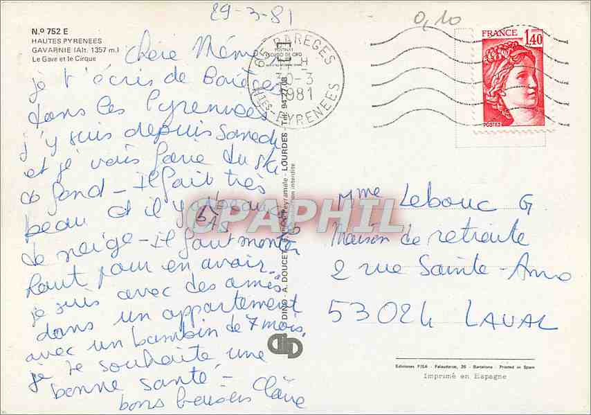 CPM Hautes Pyrenees Gavarnie (alt 1357 m) le Gave et le Cirque — Verso