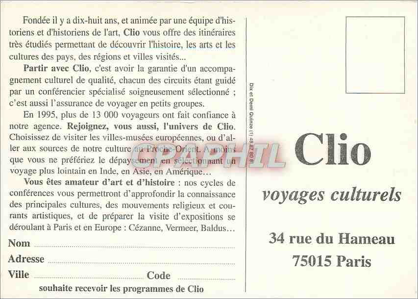 CPM Clio Voyages culturels et conferences Rue du Hameau Paris — Verso