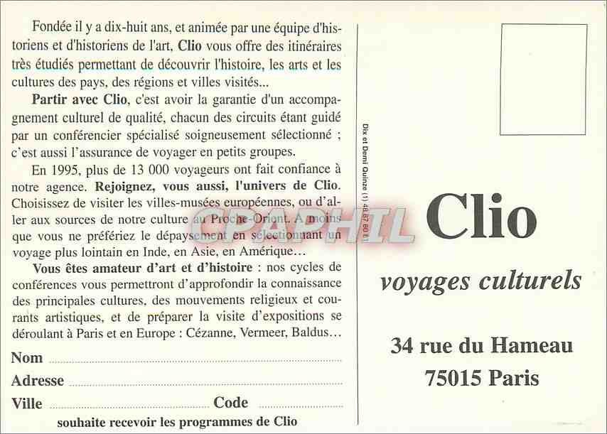 Clio — Voyages culturels et conférences — Agence Clio, 34 rue du Hameau, 75015 Paris — Reverso