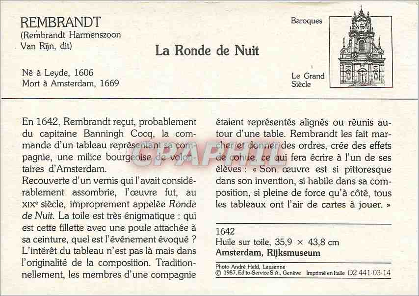 CPM La Ronde de nuit Rembrandt — Verso