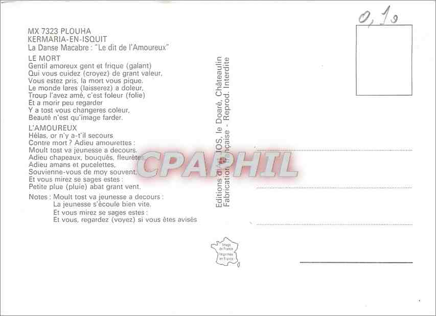 CPM Kermaria en Isquit la danse Macabre le dit de l'Amoureux le Mort — Rückseite