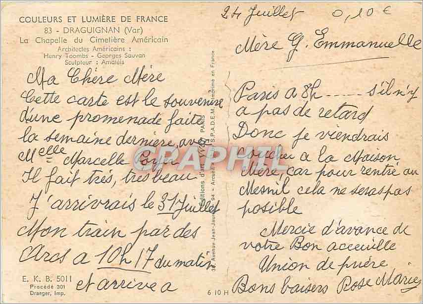 CPM Draguignan (Var) La chapelle du Cimetiere Americain — Rückseite