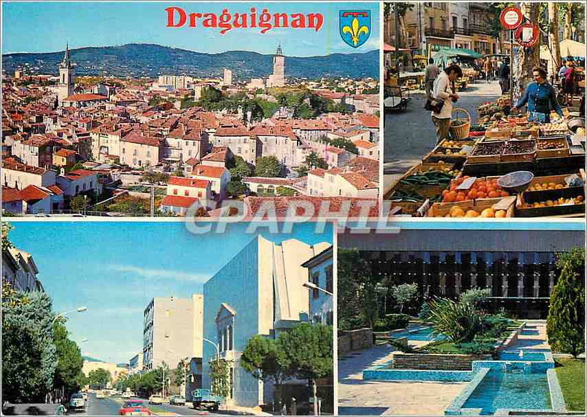 Draguignan — vue aérienne, marché, rue et jardin — CPAPHIL