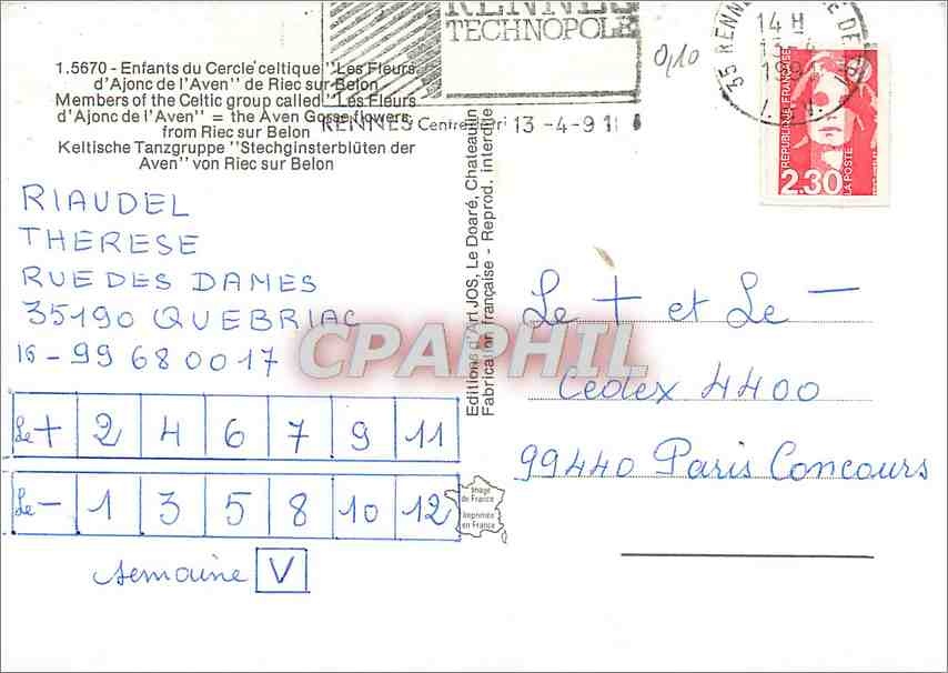 CPM Enfants du Cercle celtique les Fleurs d'Ajonc de l'Aven de Riec sur Breton — Rückseite