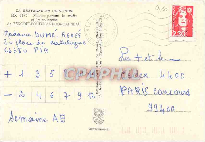 CPM La Bretagne en Couleurs Fillette partant la coiffe et la Collerette de Benodet Fouesnant Concarn — Rückseite