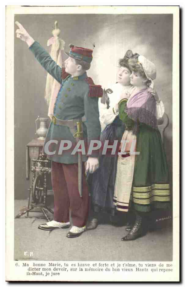 Soldat et deux jeunes filles — scène de souvenir — éditeur H. Manuël, n°6