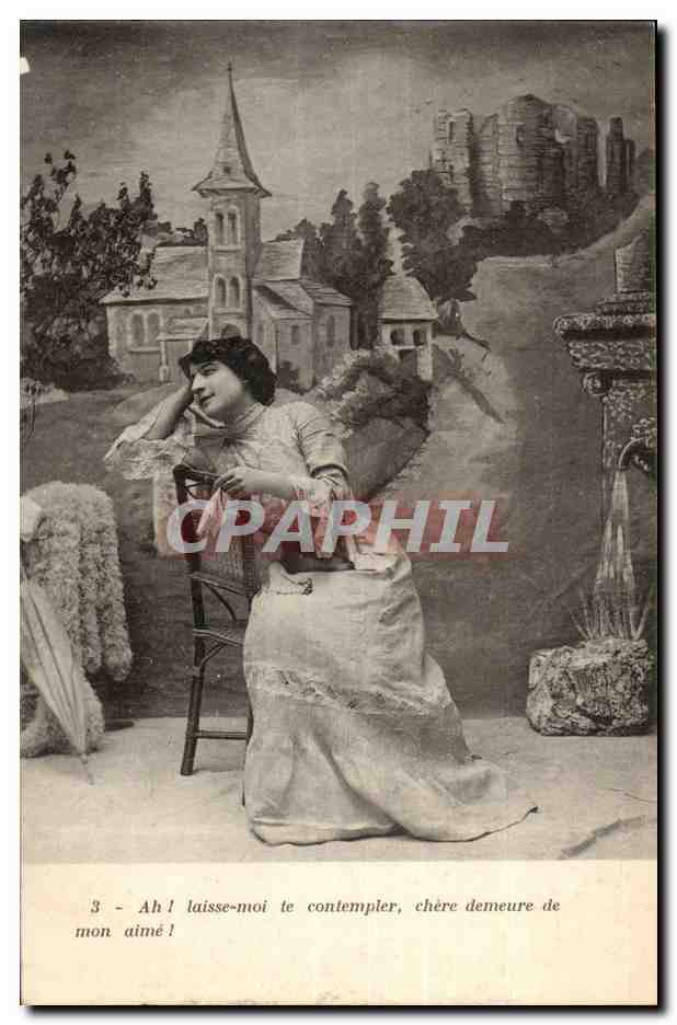 Junge Frau in eleganter Kleidung — TheaterSzene mit Kirche und Ruinen — unbekannter Verlag, Nr. 3