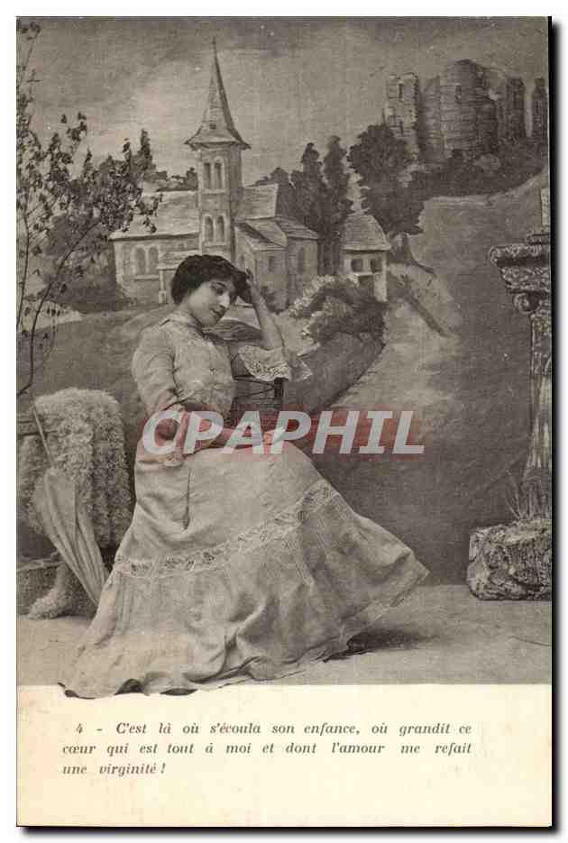 Jeune femme en robe à motifs — paysage avec église et château — texte poétique — éditeur non visible