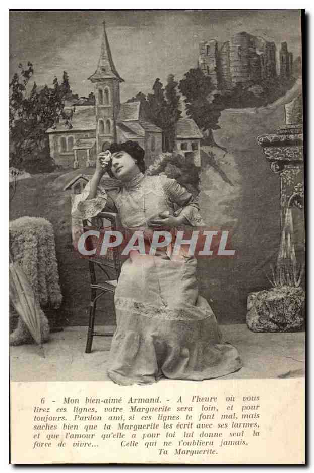 Femme assise devant paysage avec église — carte postale illustrée — éditeur non visible