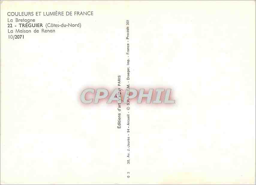 CPM La Bretagne Treguier (Cotes du Nord) La Maison de Renan — Rückseite