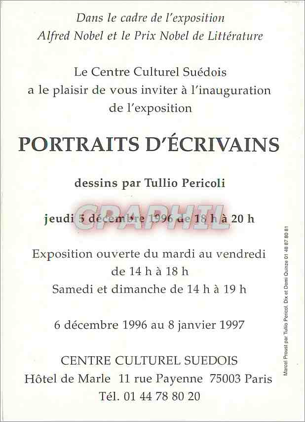 CPM Portraits d'Ecrivains Tullio Pericoli Centre Culturel Suedois Hotel de Marle Rue Payenne Paris — Verso