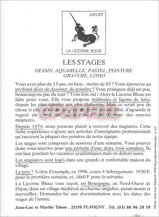 CPM Flavigny Dans le jardin de la Licorne Bleue Stages Dessin — Rückseite