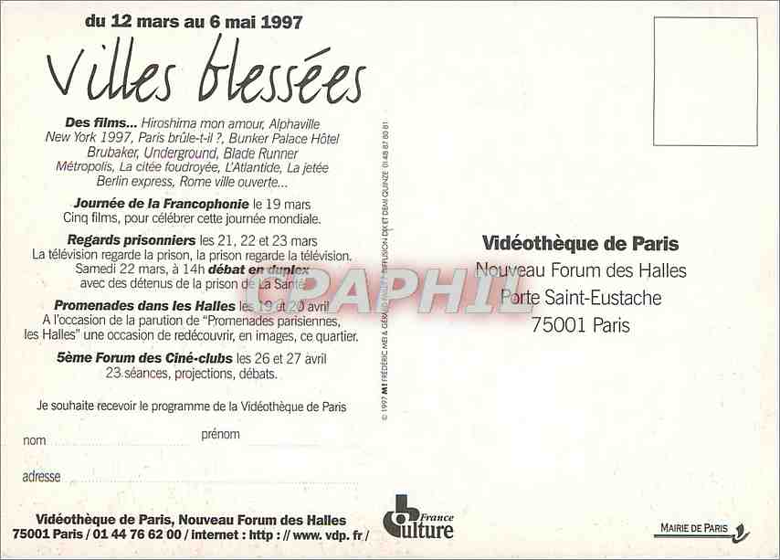 CPM Villes blessees Videotheque de Paris Marie de Paris — Rückseite