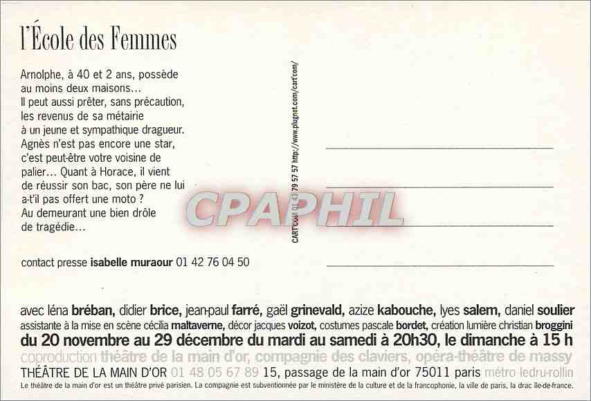 CPM L'Ecole des Femmes Moliere Jean Paul Farre Theatre de la Main d'Or — Verso
