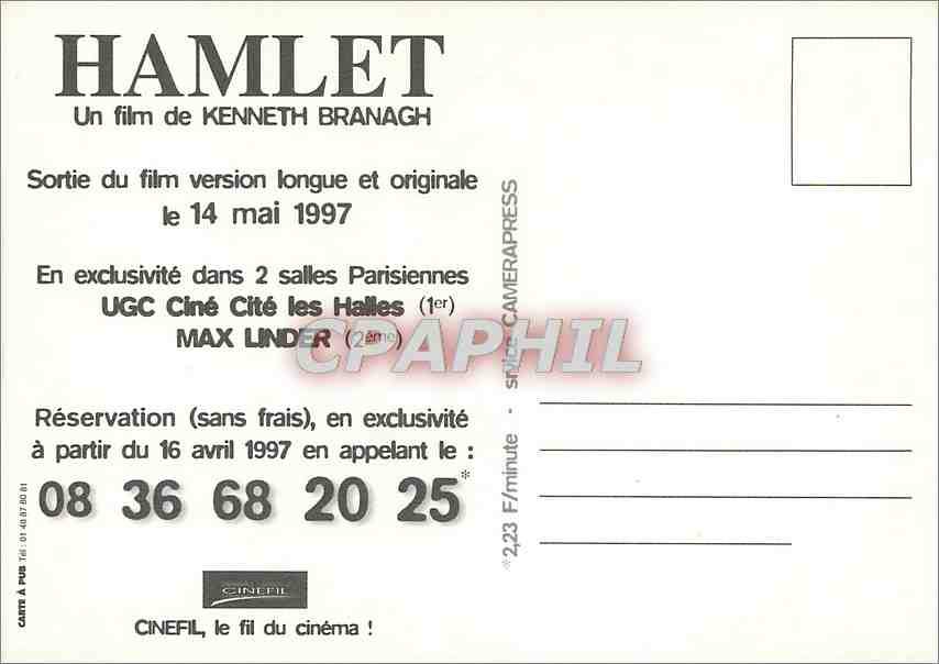 CPM Selection Officiel Cannes 1997 Hamlet William Shakespeare Kenneth Branagh — Verso