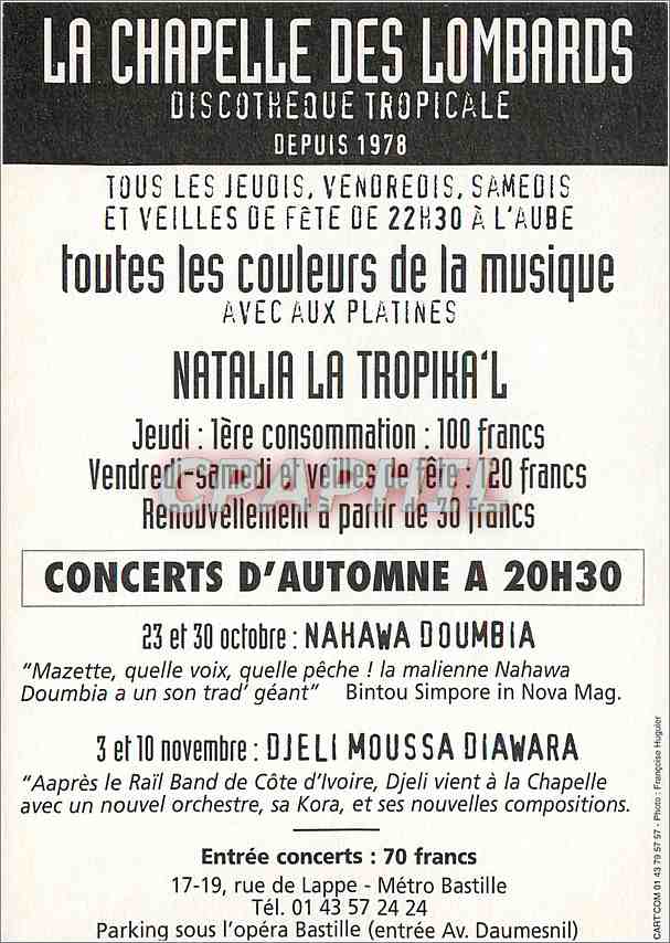 CPM La chapelle des Lombards Les Tropiques de la Nuit Discotheque Tropicale — Rückseite