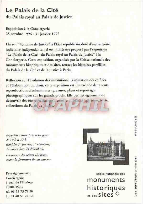 CPM Le Palais de la Cite Palais Royal au Palais de Justice Conciergerie Paris — Verso