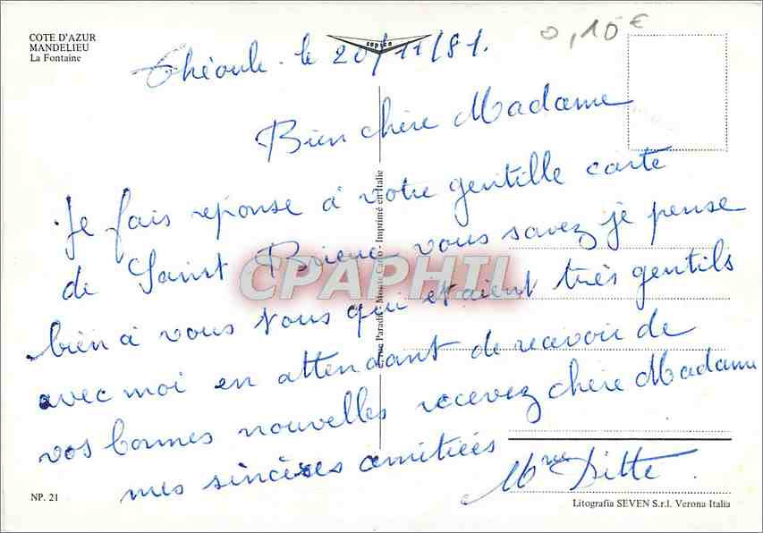 CPM Cote d'Azur Mandlieu la Fontaine — Verso