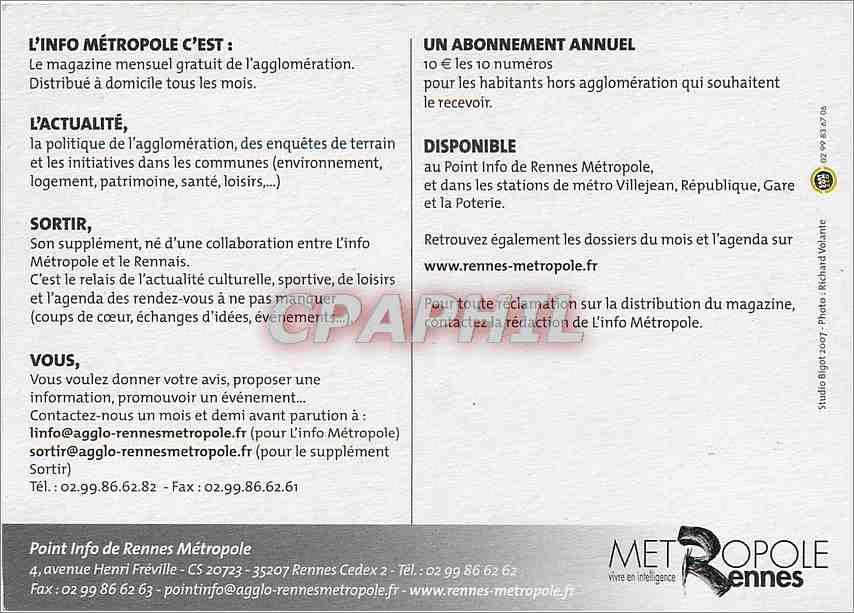 CPM L'Info Metropole Votre rendez vous mensuel Journal  Rennes — Rückseite