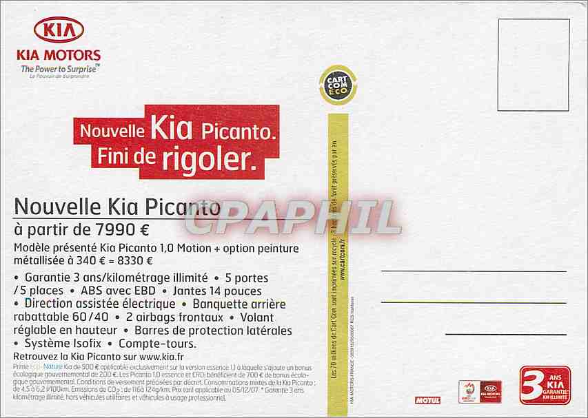 CPM Nouvelle Kia Picanto Fini de rigoler Automobile — Rückseite