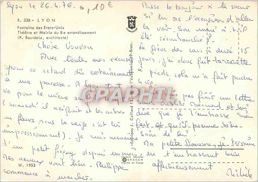 CPM Lyon (Rhone) Fontaine des Etats Unis Theatre et Mairie du 8e arrodissement — Verso