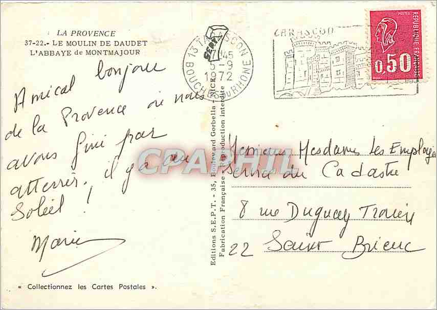 CPM La Provence le Moulin de Daudet l'Abbaye de Montmajour — Verso