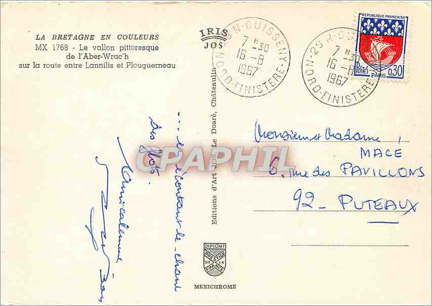 CPM La Bretagne en couleurs le vallon pittoresque de l'Aber Wrac'h sur la route entre Lannilis et Pl — Rückseite